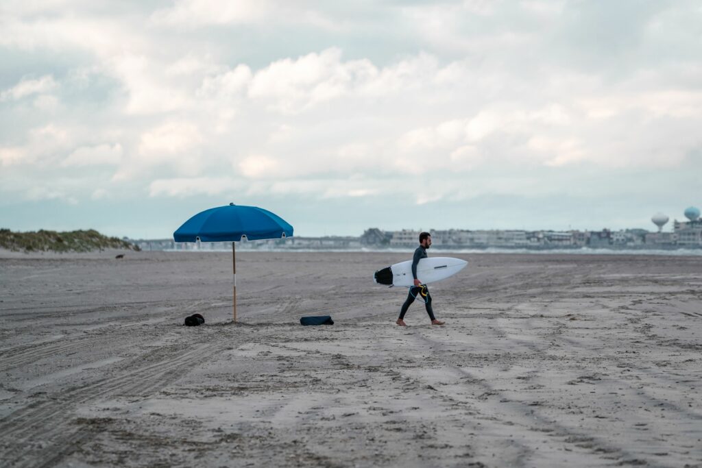 Test dummy walks on empty beach.
